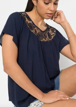 bonprix Nachhaltigere Materialien|Blusen & Tuniken|Bluse mit Spitze dunkelblau