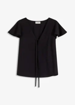 bonprix Zweiteiler & Sets|Blusen & Tuniken|Bluse mit Volantärmeln in Glanzoptik schwarz