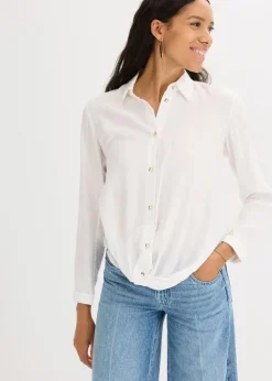 bonprix Blusen & Tuniken|Bekleidung·Jacken & Mäntel|Bluse mit Wickel-Detail aus strukturiertem Material wollweiß