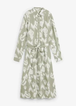 bonprix Kleider|Bekleidung·Pullover & Strickjacken|Blusenkleid aus fließender Viskose seegras/wollweiß bedruckt