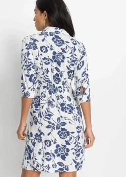 bonprix Kleider|Kurzgrößen|Blusenkleid aus fließender Viskose wollweiß/mitternachtsblau geblümt