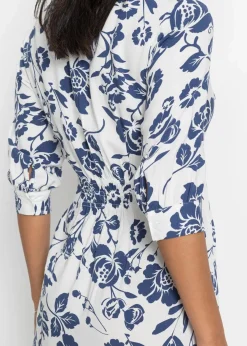 bonprix Kleider|Kurzgrößen|Blusenkleid aus fließender Viskose wollweiß/mitternachtsblau geblümt