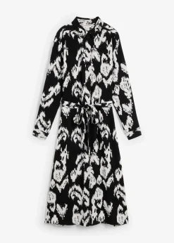 bonprix Bekleidung·Pullover & Strickjacken|Kleider|Blusenkleid aus fließender Viskose schwarz/wollweiß bedruckt