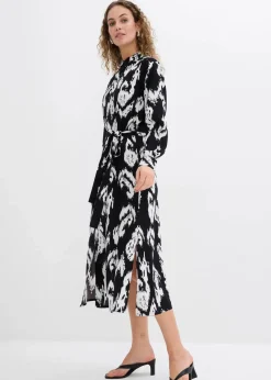 bonprix Bekleidung·Pullover & Strickjacken|Kleider|Blusenkleid aus fließender Viskose schwarz/wollweiß bedruckt