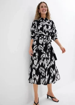 bonprix Bekleidung·Pullover & Strickjacken|Kleider|Blusenkleid aus fließender Viskose schwarz/wollweiß bedruckt