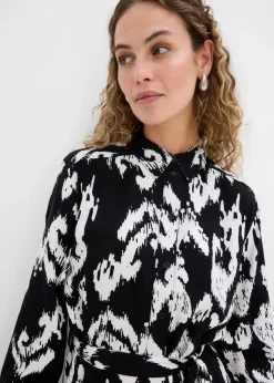 bonprix Bekleidung·Pullover & Strickjacken|Kleider|Blusenkleid aus fließender Viskose schwarz/wollweiß bedruckt