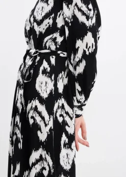 bonprix Bekleidung·Pullover & Strickjacken|Kleider|Blusenkleid aus fließender Viskose schwarz/wollweiß bedruckt