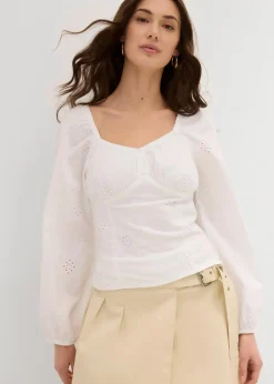 Blusenshirt mit Lochstickerei aus reiner Baumwolle|bonprix Online