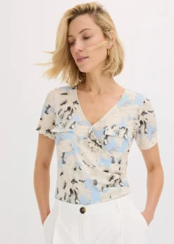 bonprix Shirts & Tops|Body mit Kräuselung puderblau/naturbeige floral