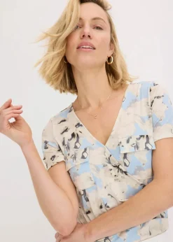 bonprix Shirts & Tops|Body mit Kräuselung puderblau/naturbeige floral