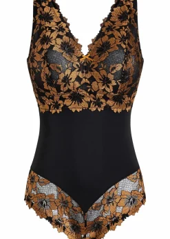 bonprix Dessous|Bodies|Body ohne Bügel mit floraler Spitze schwarz/goldbraun