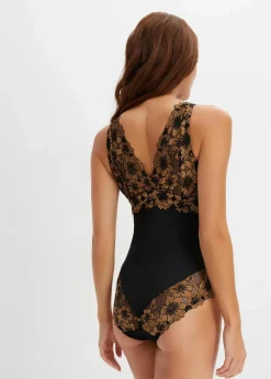 bonprix Dessous|Bodies|Body ohne Bügel mit floraler Spitze schwarz/goldbraun