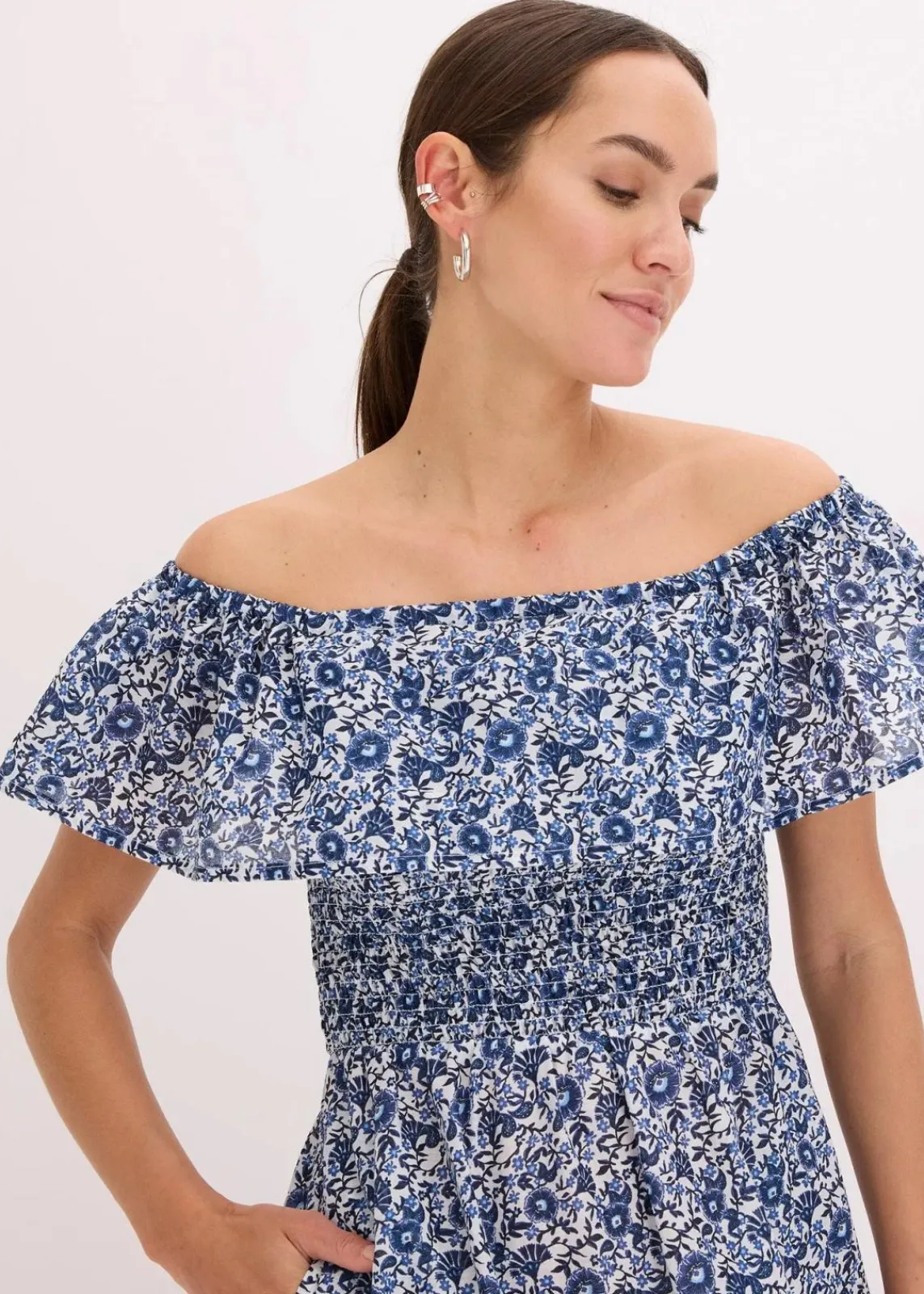 Boho-Midikleid mit Carmenausschnitt aus leichter Baumwolle|bonprix Online