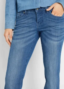 bonprix Jeans|Kurzgrößen|Bootcut Jeans Mid Waist, Stretch blau used
