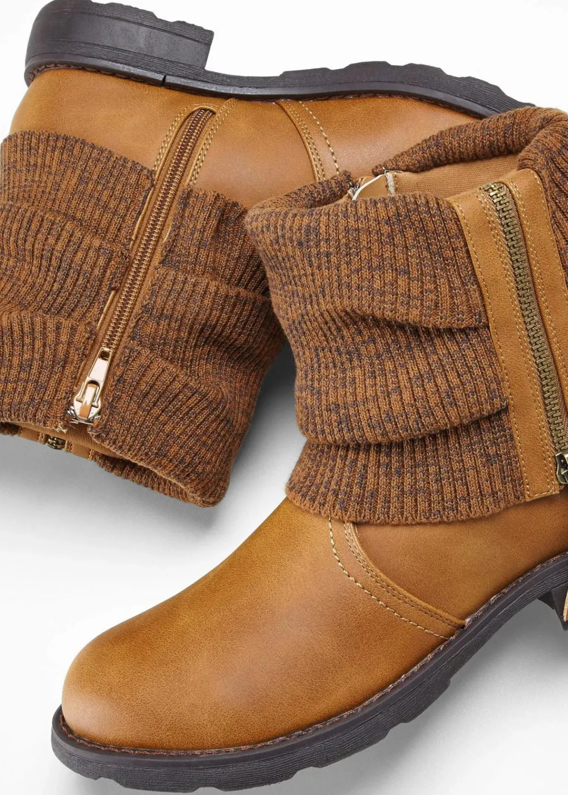 bonprix Schuhe & Accessoires In Spezialgrößen·Schuhe In Übergröße|Boots|Boots mit Strickeinsatz cognac braun