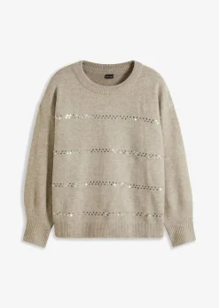 bonprix Pullover & Strickjacken|Bekleidung·Jeans|Boxy-Pullover mit Pailletten naturstein meliert