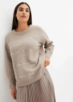 bonprix Pullover & Strickjacken|Bekleidung·Jeans|Boxy-Pullover mit Pailletten naturstein meliert