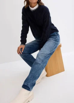 bonprix Bekleidung·Shirts & Tops|Jeans|Boyfriend Jeans Mid Waist, Thermo dunkelblau denim used