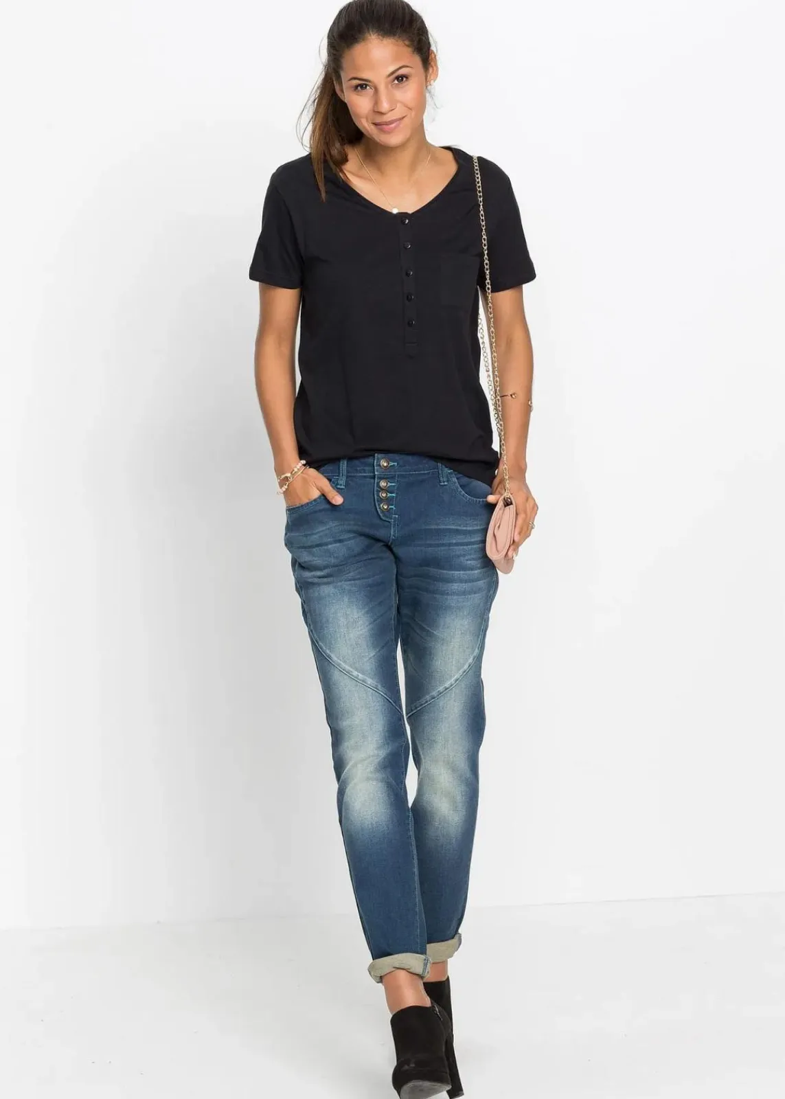 bonprix Bekleidung·Shirts & Tops|Jeans|Boyfriend-Jeans dunkelblau denim used