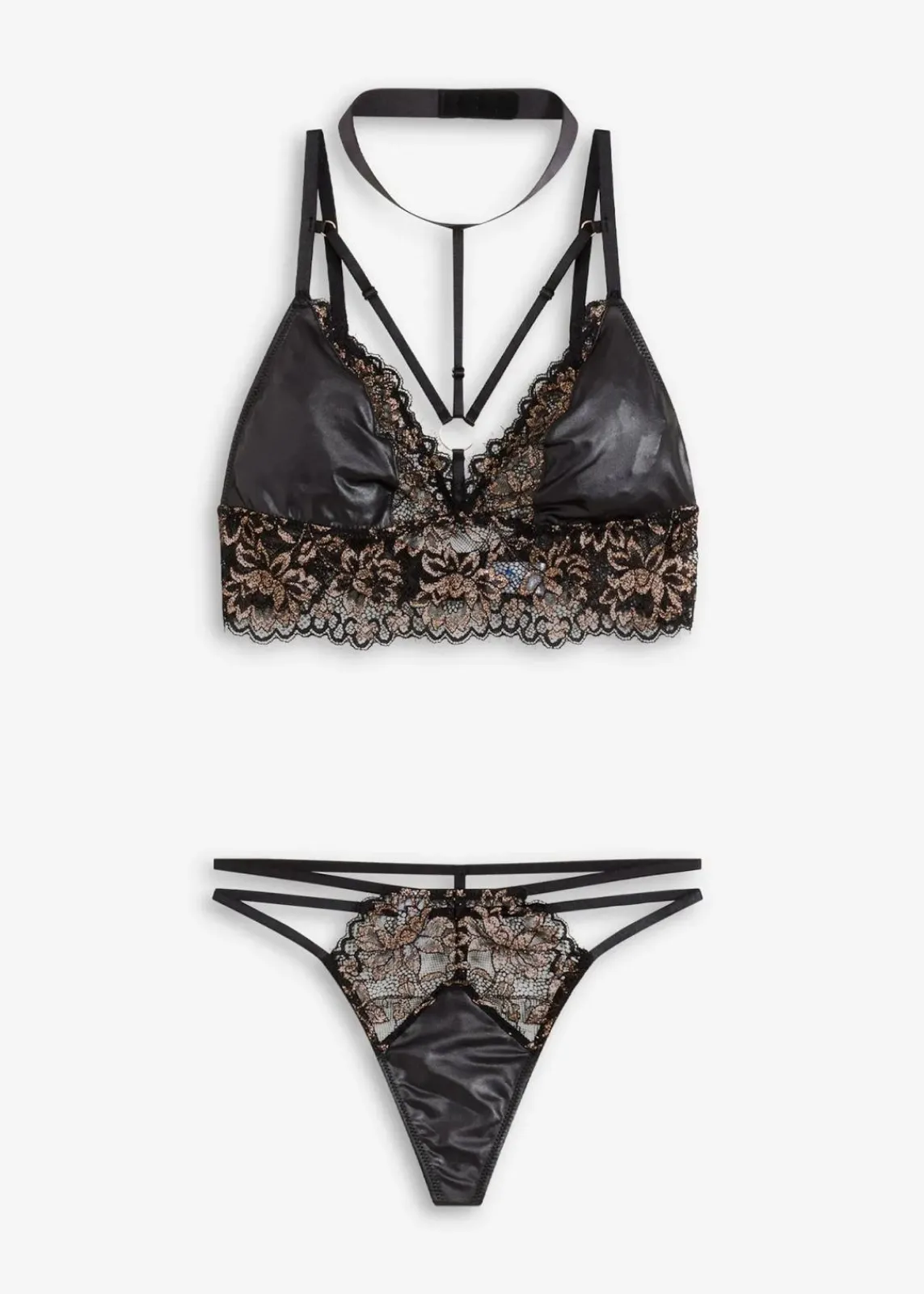 bonprix Wäsche·Erotikwäsche|Wäsche·Bhs|Bralette + String (2-tlg.Set) schwarz/metallic kupfer