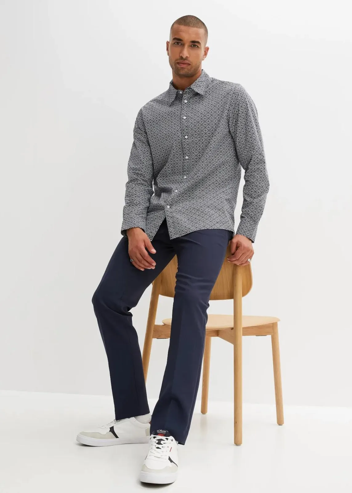 bonprix Große Größen|Hemden|Business-Hemd aus reiner Baumwolle, Langarm weiß/schwarz graphisch bedruckt