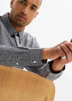 bonprix Große Größen|Hemden|Business-Hemd aus reiner Baumwolle, Langarm weiß/schwarz graphisch bedruckt