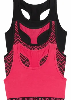 bonprix Mehrfachpacks|Mädchen·Unterwäsche|Bustier aus weicher Bio-Baumwolle (3er Pack) schwarz/hibiskuspink bedruckt