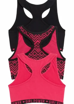 bonprix Mehrfachpacks|Mädchen·Unterwäsche|Bustier aus weicher Bio-Baumwolle (3er Pack) schwarz/hibiskuspink bedruckt