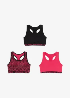 bonprix Mehrfachpacks|Mädchen·Unterwäsche|Bustier aus weicher Bio-Baumwolle (3er Pack) schwarz/hibiskuspink bedruckt