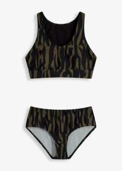 bonprix Nachhaltigere Materialien|Bademode·Bikinis|Bustier-Bikini (2-tlg.Set) dunkeloliv/schwarz graphisch