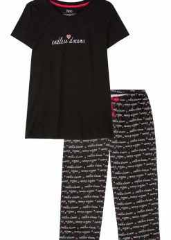 bonprix Wäsche·Nachtwäsche|Nachtwäsche|Capri Pyjama aus reiner Baumwolle schwarz bedruckt