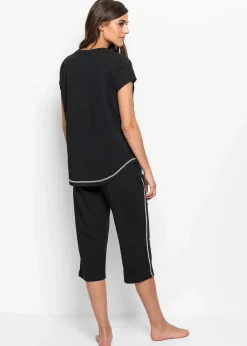 bonprix Nachhaltigere Materialien|Nachtwäsche|Capri Pyjama aus reiner Bio-Baumwolle schwarz/weiß
