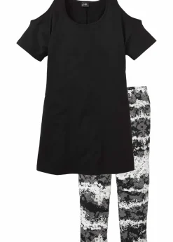 bonprix Wäsche·Nachtwäsche|Nachtwäsche|Capri Pyjama mit kurzen Ärmeln schwarz bedruckt