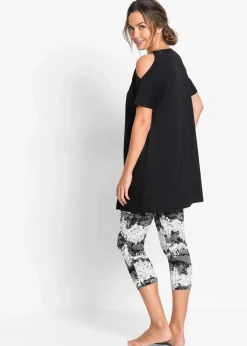 bonprix Wäsche·Nachtwäsche|Nachtwäsche|Capri Pyjama mit kurzen Ärmeln schwarz bedruckt