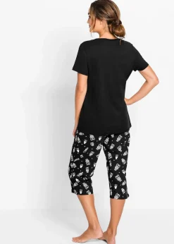 bonprix Nachtwäsche|Wäsche·Nachtwäsche|Capri Pyjama mit kurzen Ärmeln schwarz/weiß