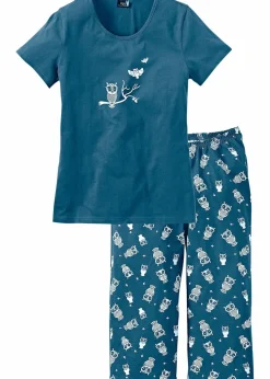 bonprix Nachtwäsche|Wäsche·Nachtwäsche|Capri Pyjama mit kurzen Ärmeln blaupetrol/weiß