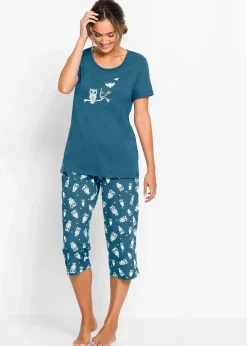 bonprix Nachtwäsche|Wäsche·Nachtwäsche|Capri Pyjama mit kurzen Ärmeln blaupetrol/weiß