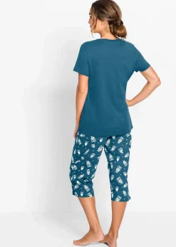 bonprix Nachtwäsche|Wäsche·Nachtwäsche|Capri Pyjama mit kurzen Ärmeln blaupetrol/weiß