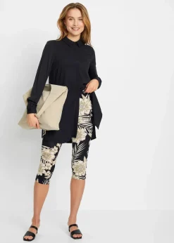 bonprix Hosen|Capri-Hose schwarz/beige floral