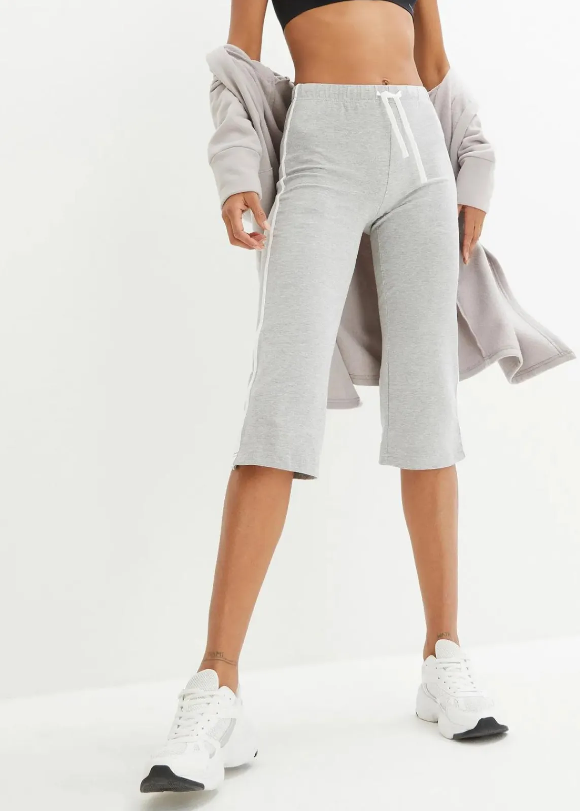 bonprix Basics|Sportbekleidung|Capri-Hose aus Baumwolle mit Stretch (2er Pack) schwarz + hellgrau meliert