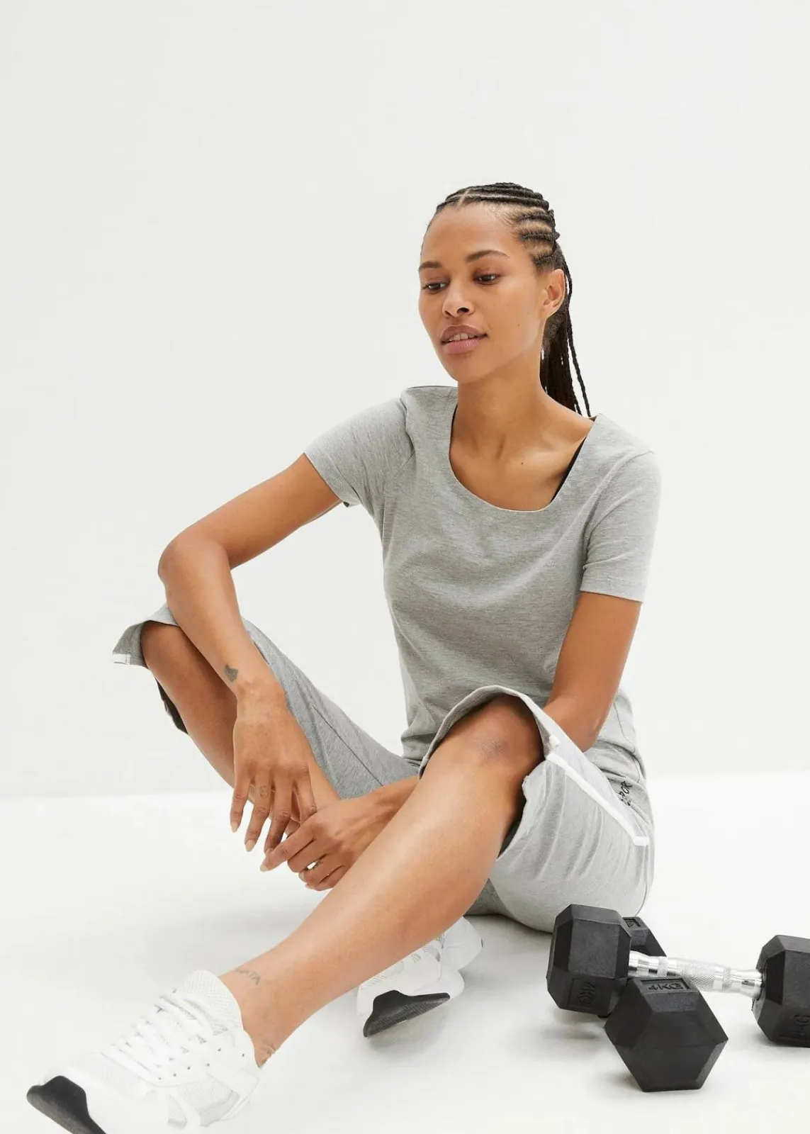 bonprix Basics|Sportbekleidung|Capri-Hose aus Baumwolle mit Stretch (2er Pack) schwarz + hellgrau meliert