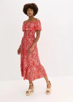 bonprix Bekleidung·Pullover & Strickjacken|Kleider|Carmen-Kleid rot/weiß bedruckt