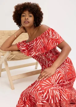 bonprix Bekleidung·Pullover & Strickjacken|Kleider|Carmen-Kleid rot/weiß bedruckt