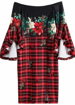 bonprix Bekleidung·Pullover & Strickjacken|Kleider|Carmen-Kleid aus fester Scuba-Qualität mit Weichnachtsmotiv rot/schwarz