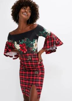 bonprix Bekleidung·Pullover & Strickjacken|Kleider|Carmen-Kleid aus fester Scuba-Qualität mit Weichnachtsmotiv rot/schwarz