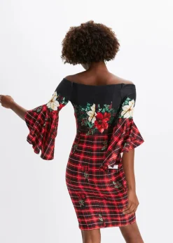 bonprix Bekleidung·Pullover & Strickjacken|Kleider|Carmen-Kleid aus fester Scuba-Qualität mit Weichnachtsmotiv rot/schwarz
