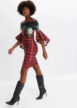 bonprix Bekleidung·Pullover & Strickjacken|Kleider|Carmen-Kleid aus fester Scuba-Qualität mit Weichnachtsmotiv rot/schwarz