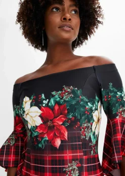 bonprix Bekleidung·Pullover & Strickjacken|Kleider|Carmen-Kleid aus fester Scuba-Qualität mit Weichnachtsmotiv rot/schwarz