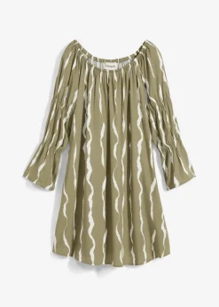 bonprix Bekleidung·Pullover & Strickjacken|Kleider|Carmen-Kleid aus fließender Viskose schlammgrün/weiß bedruckt