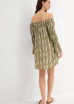 bonprix Bekleidung·Pullover & Strickjacken|Kleider|Carmen-Kleid aus fließender Viskose schlammgrün/weiß bedruckt